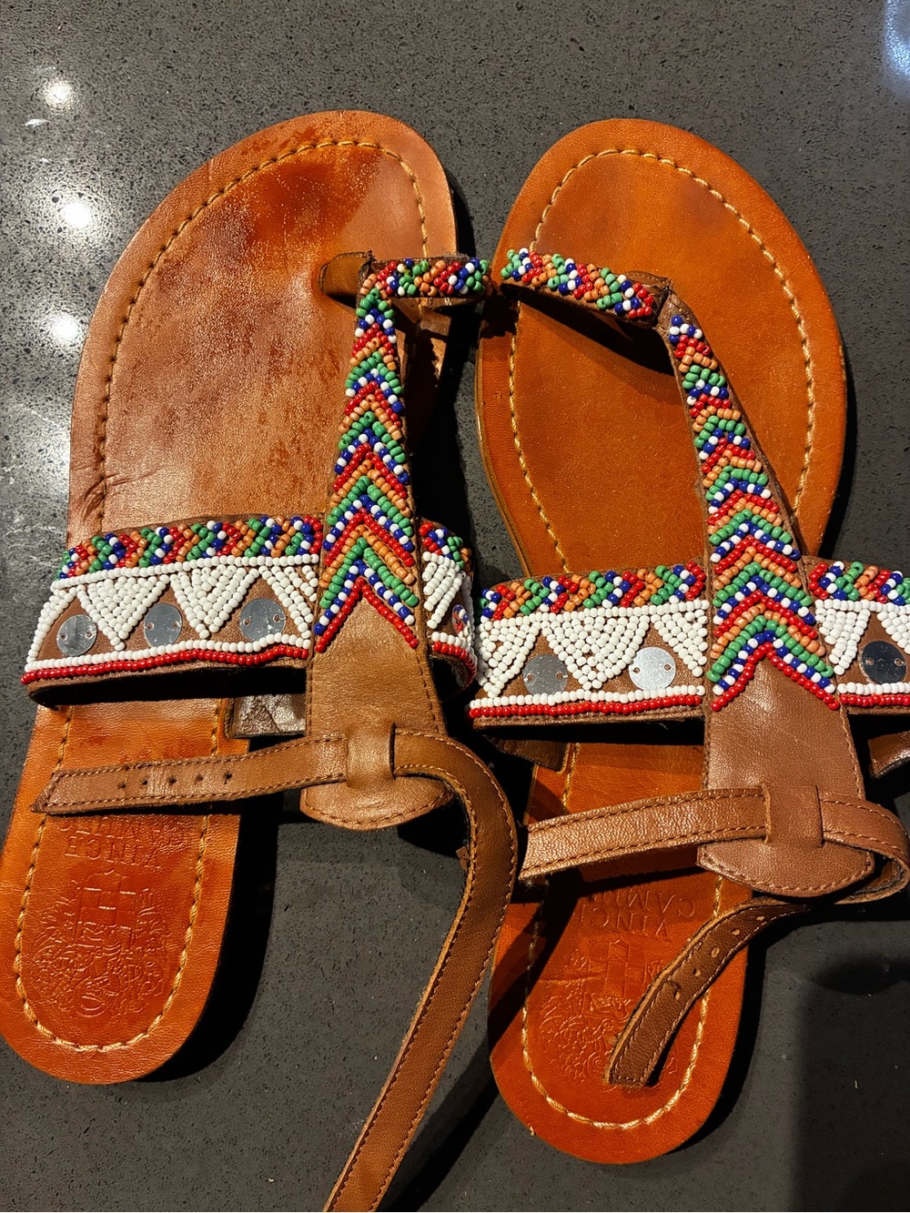 Vince Camuto Women's Brown Beaded Leather Sandals with Multicolor Accents